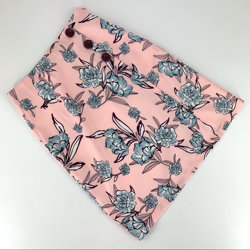Allegra K Pink Floral Patterned High Waist Front Slitted Skirt, Small